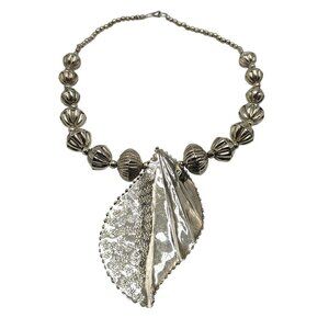 Bold Silver Leaf Pendant Necklace With Textured Beads Lobster Clasp